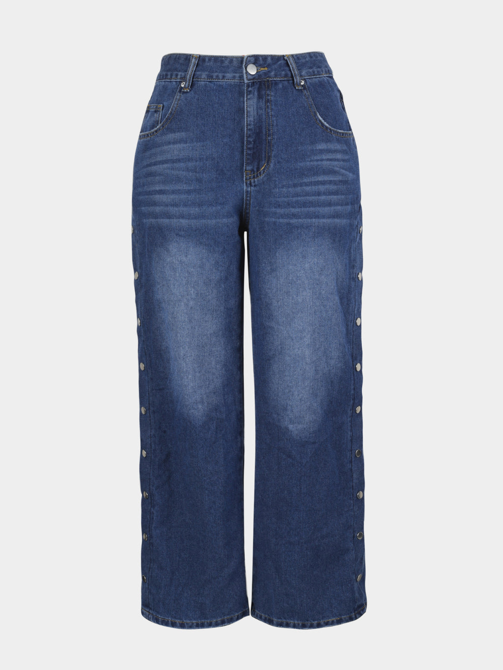 Snap Detail Wide Leg Split Hem Jeans - Blue - 1