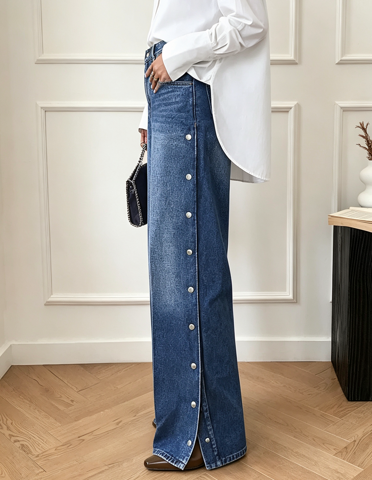 Snap Detail Wide Leg Split Hem Jeans - Blue - 2