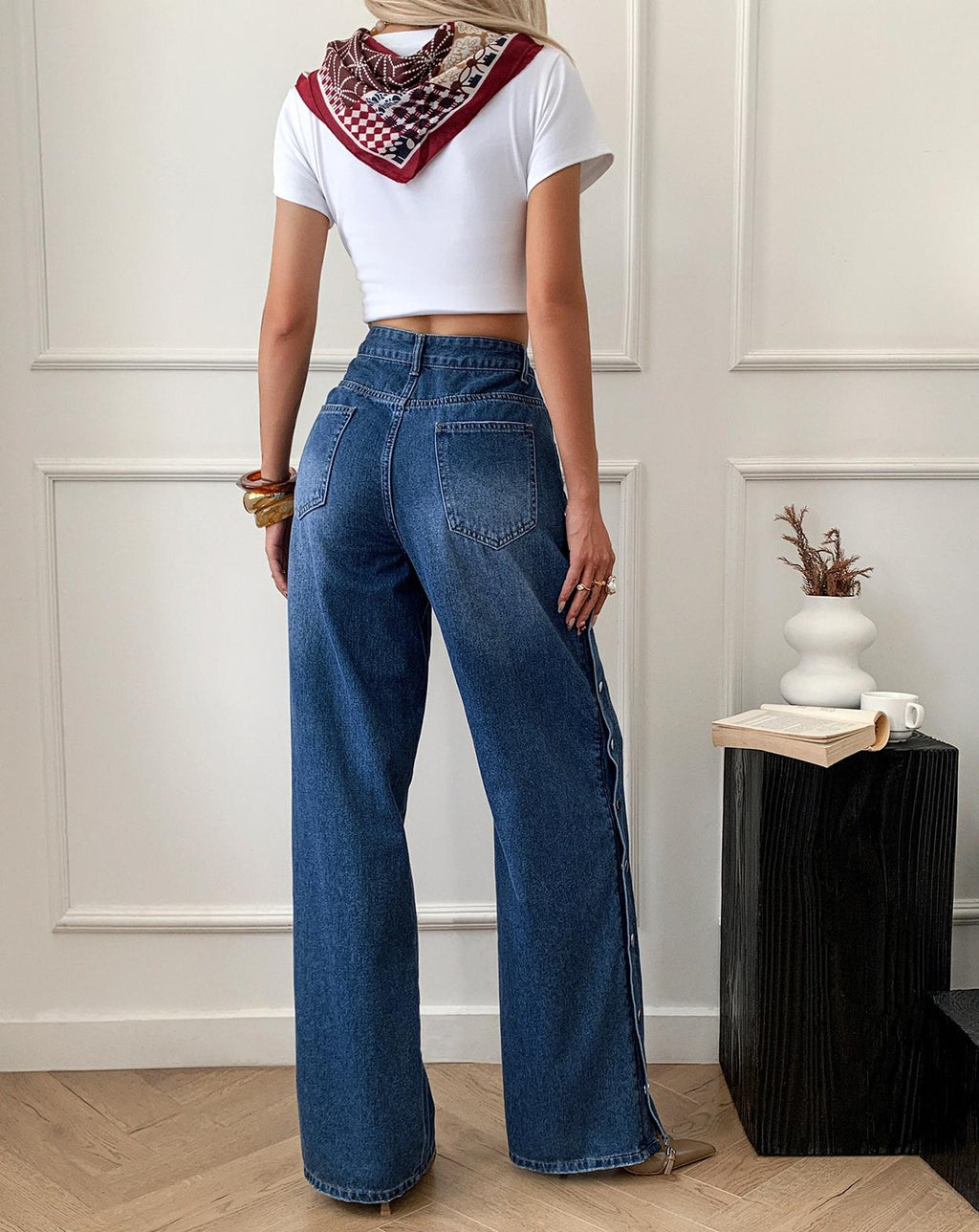 Snap Detail Wide Leg Split Hem Jeans - Blue - 3
