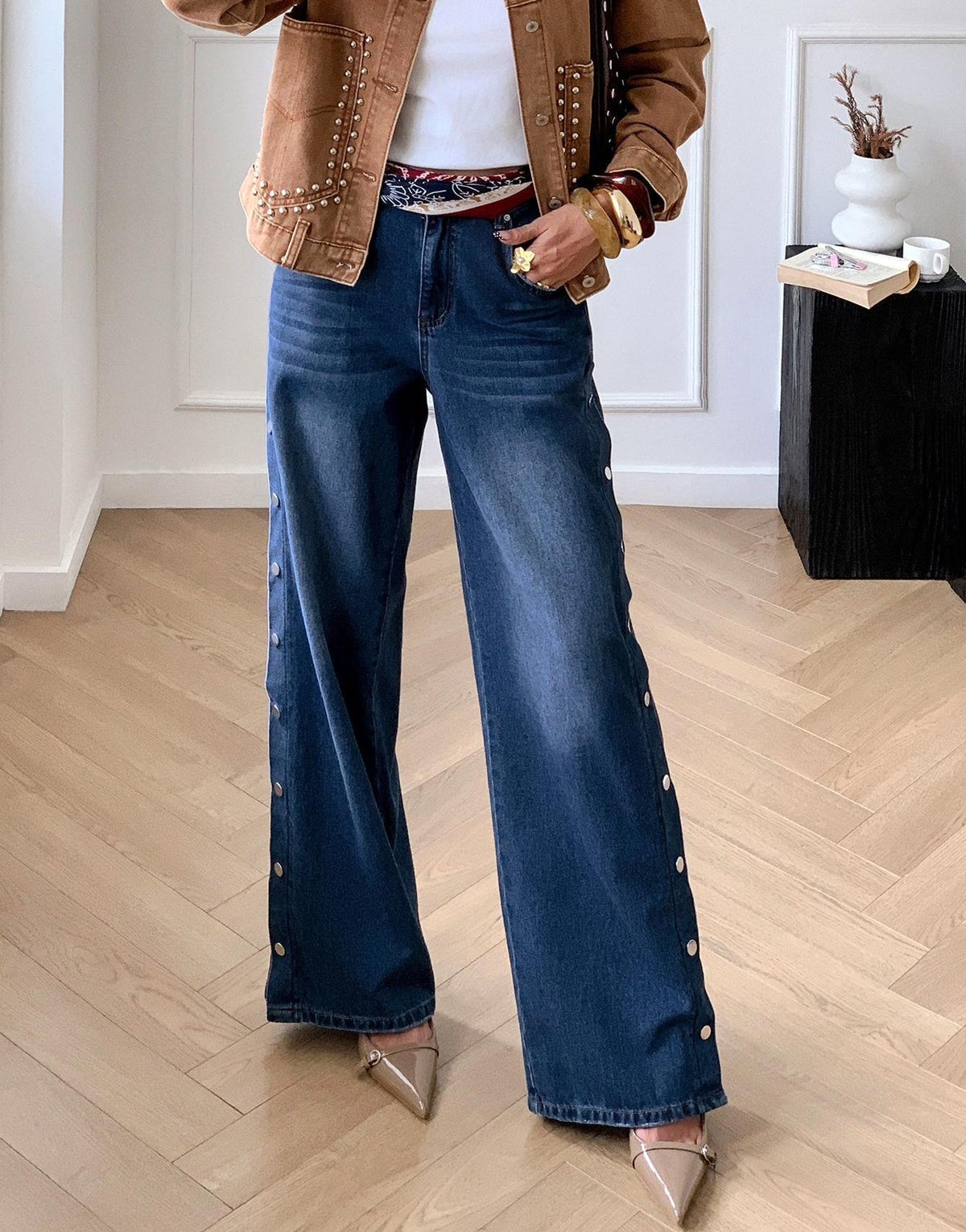 Snap Detail Wide Leg Split Hem Jeans - Blue - 4