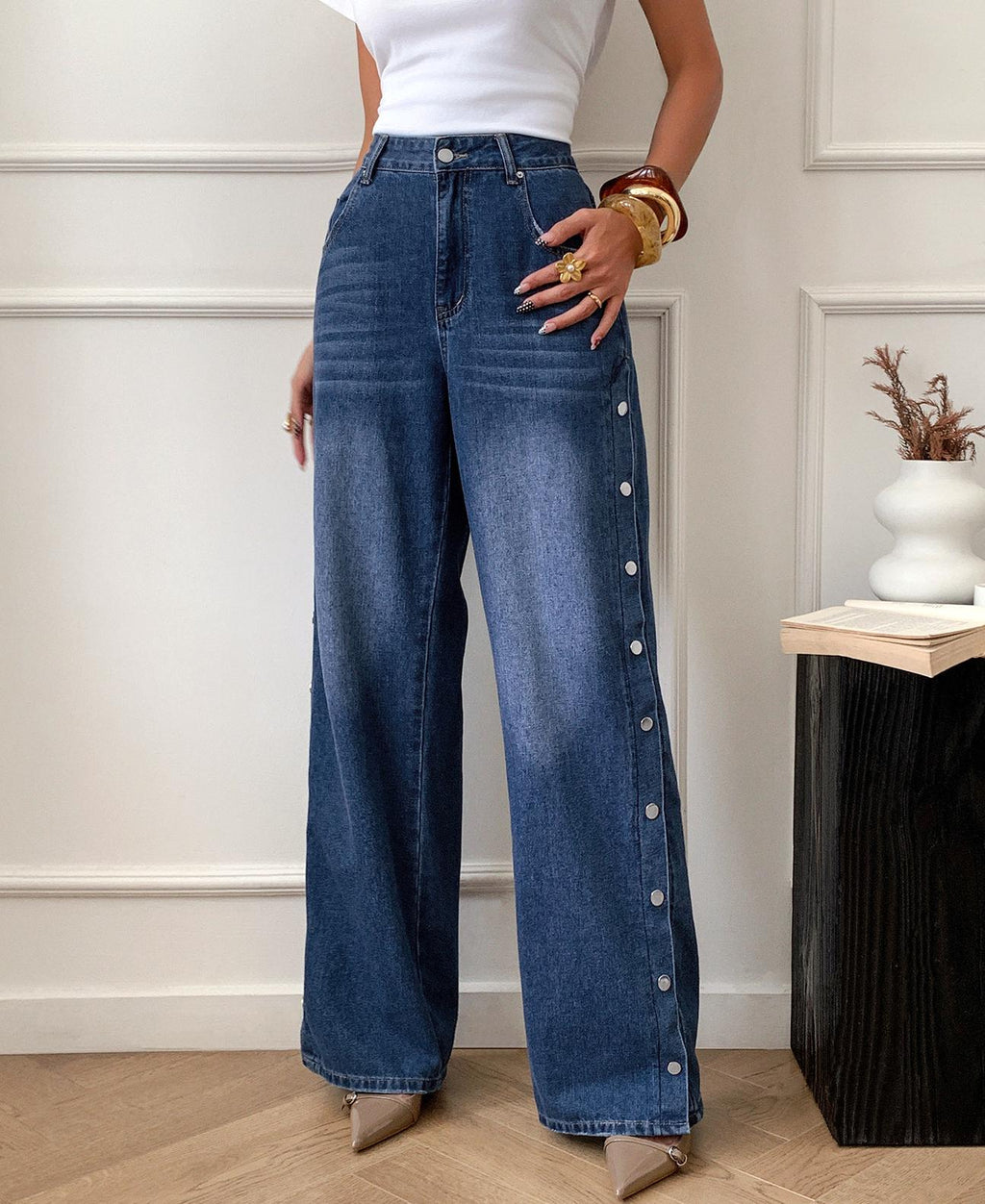 Snap Detail Wide Leg Split Hem Jeans - Blue - 5
