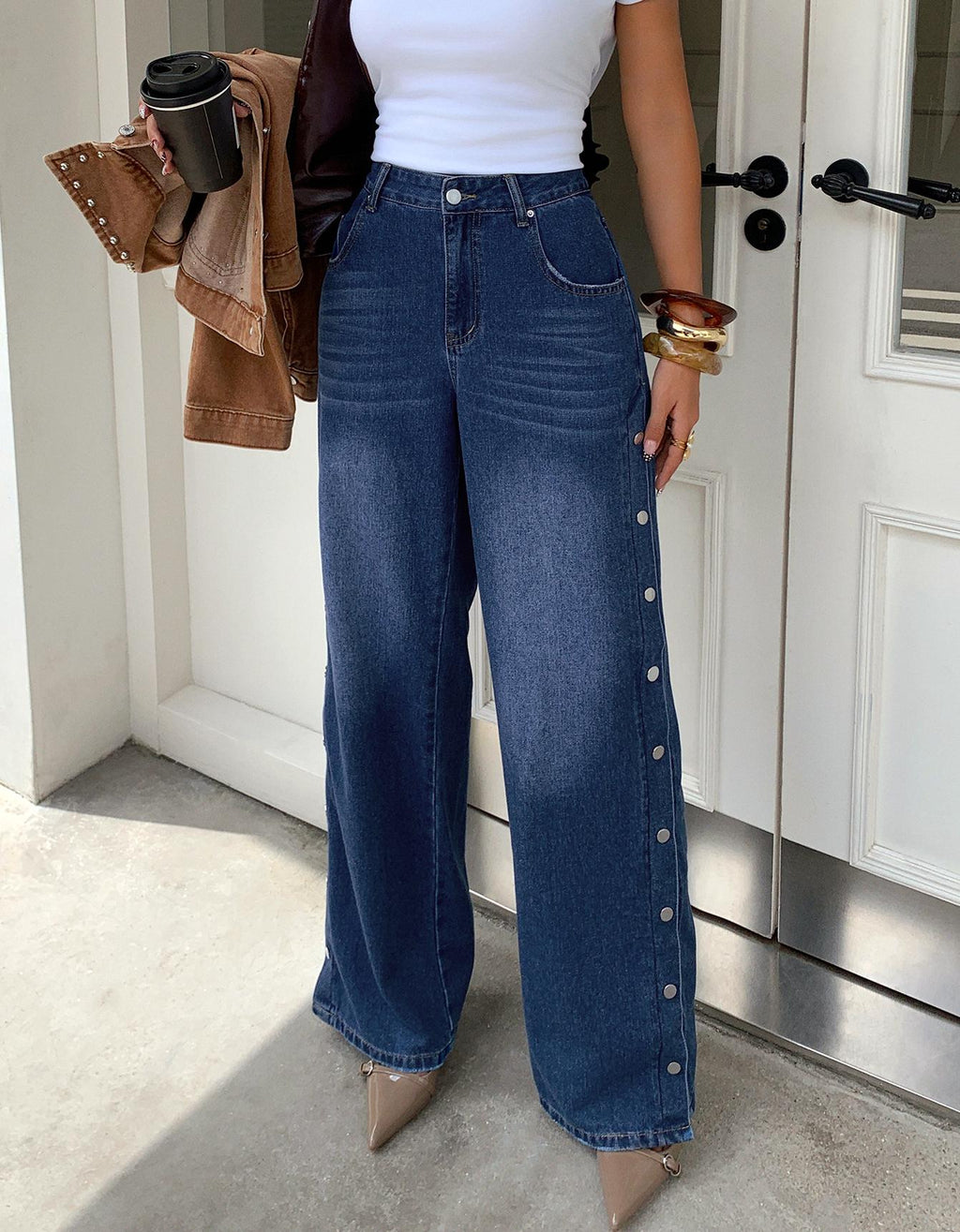 Snap Detail Wide Leg Split Hem Jeans - Blue - 6