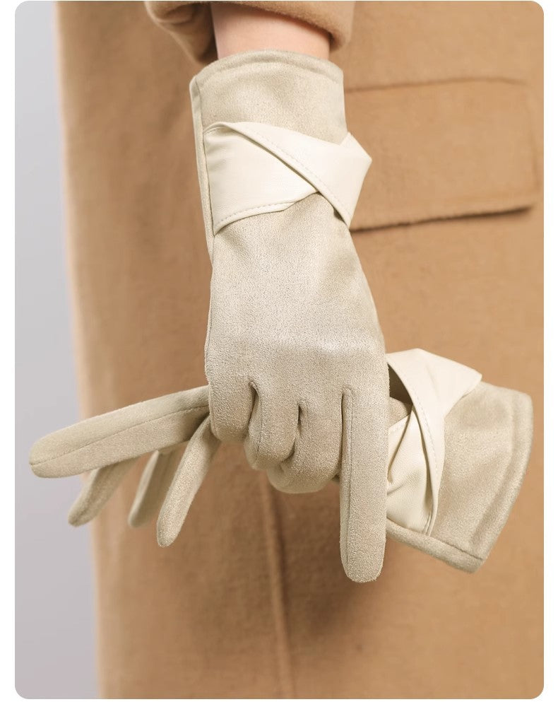 Faux Suede Wrap Bow Touchscreen Gloves - Beige