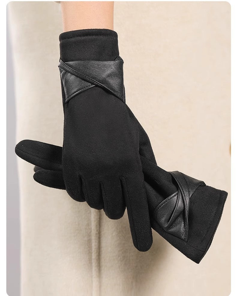 Faux Suede Wrap Bow Touchscreen Gloves - Black
