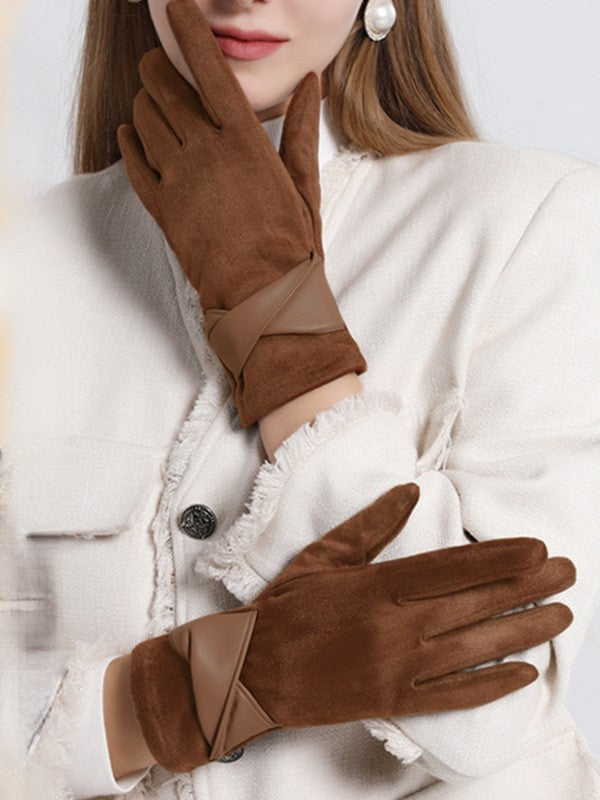 Faux Suede Wrap Bow Touchscreen Gloves - Brown