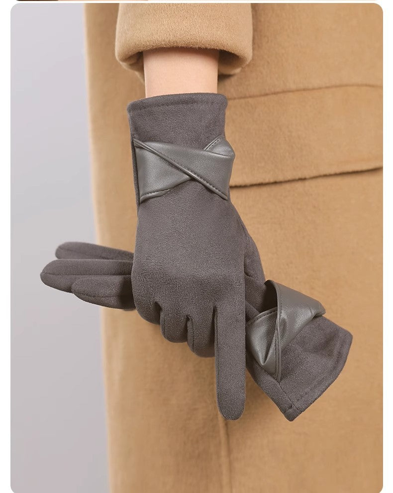 Faux Suede Wrap Bow Touchscreen Gloves - Grey