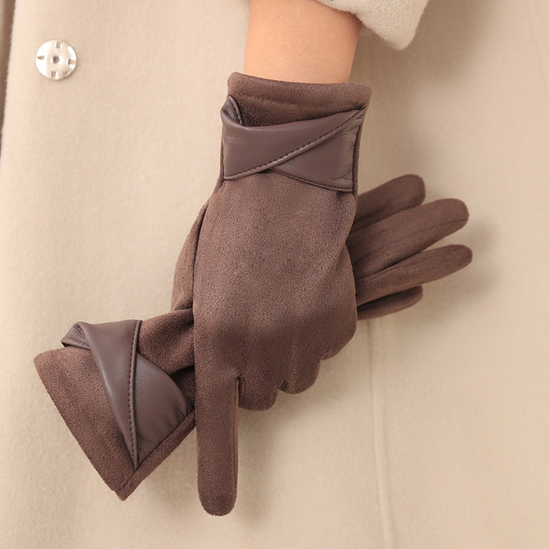 Faux Suede Wrap Bow Touchscreen Gloves - Khaki - 1