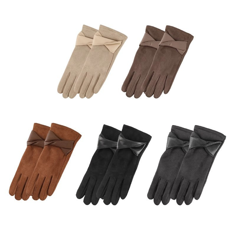 Faux Suede Wrap Bow Touchscreen Gloves - Khaki - 2