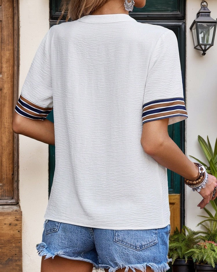 Striped Trim Split Neck Textured Shirt - White - 3