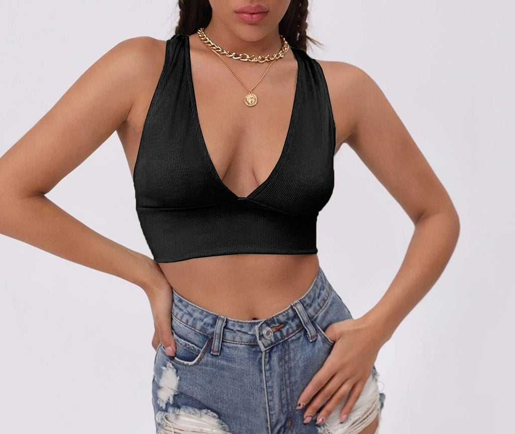 Plunge V Neck Cross Back Crop Top - Black
