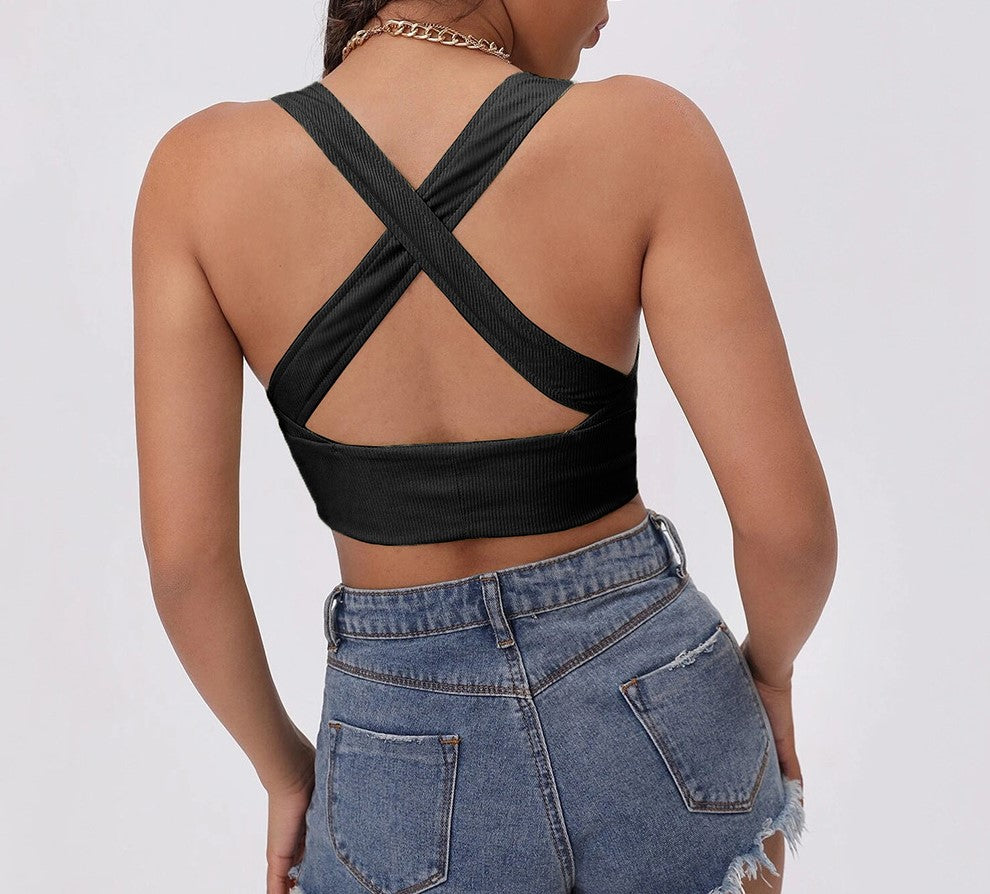 Plunge V Neck Cross Back Crop Top - Black - 1