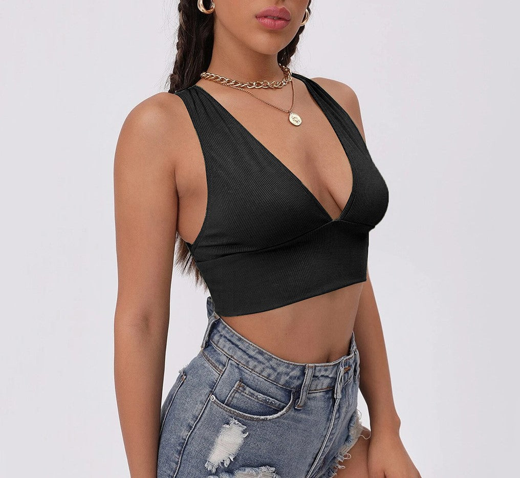 Plunge V Neck Cross Back Crop Top - Black - 2