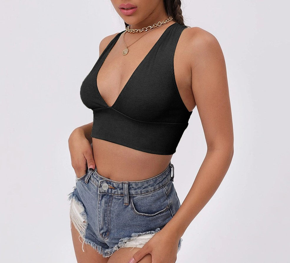 Plunge V Neck Cross Back Crop Top - Black - 4