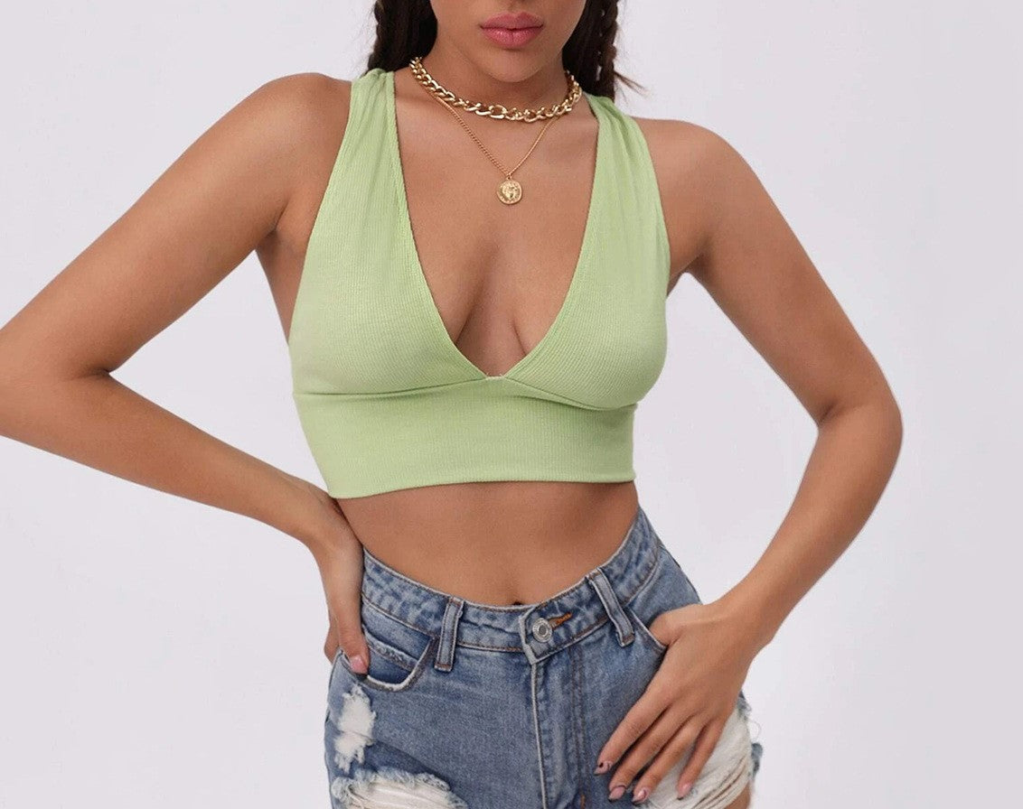 Plunge V Neck Cross Back Crop Top - Green - 1