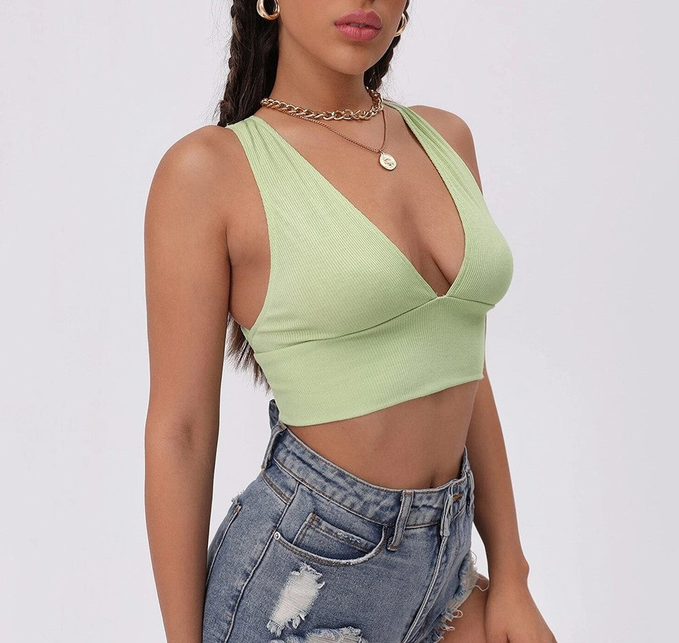 Plunge V Neck Cross Back Crop Top - Green - 2