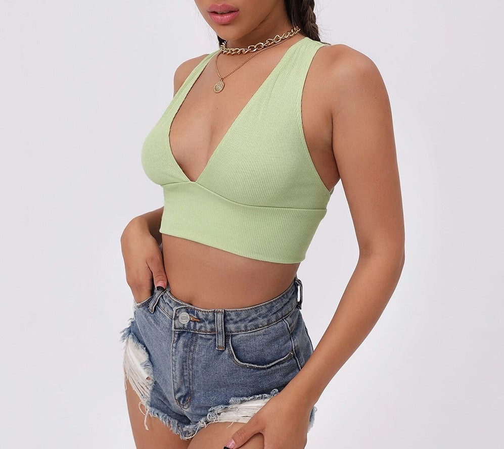 Plunge V Neck Cross Back Crop Top - Green - 3
