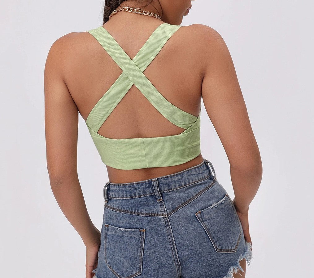 Plunge V Neck Cross Back Crop Top - Green - 4