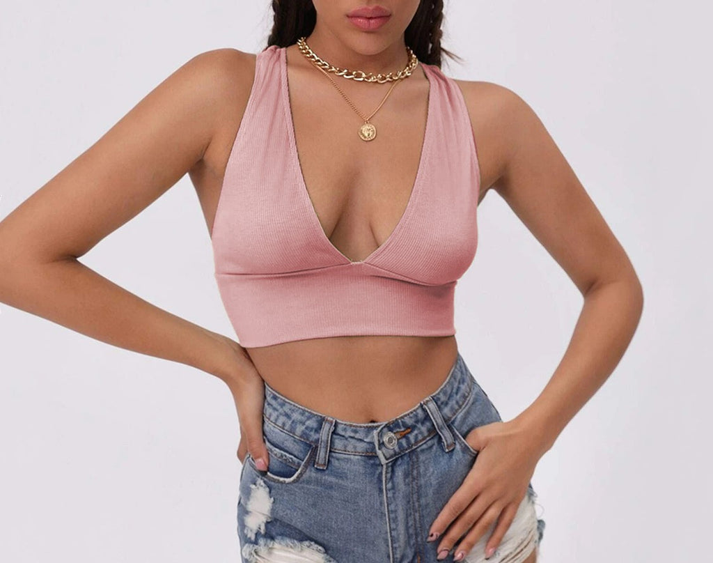 Plunge V Neck Cross Back Crop Top - Pink