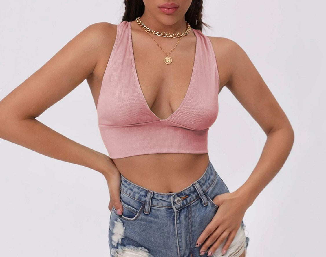 Plunge V Neck Cross Back Crop Top - Pink