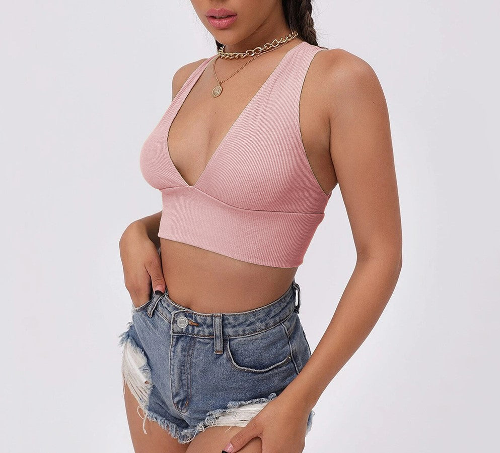 Plunge V Neck Cross Back Crop Top - Pink - 2