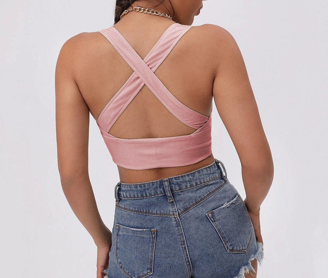 Plunge V Neck Cross Back Crop Top - Pink - 3