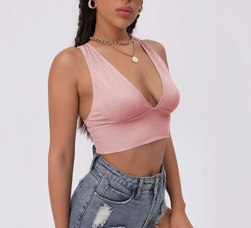 Plunge V Neck Cross Back Crop Top - Pink - 4