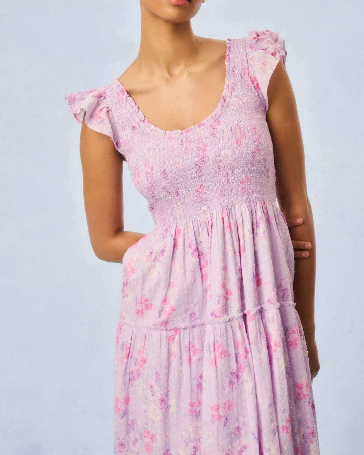 Tiered Floral Maxi Dress With Flutter Sleeves - Purple