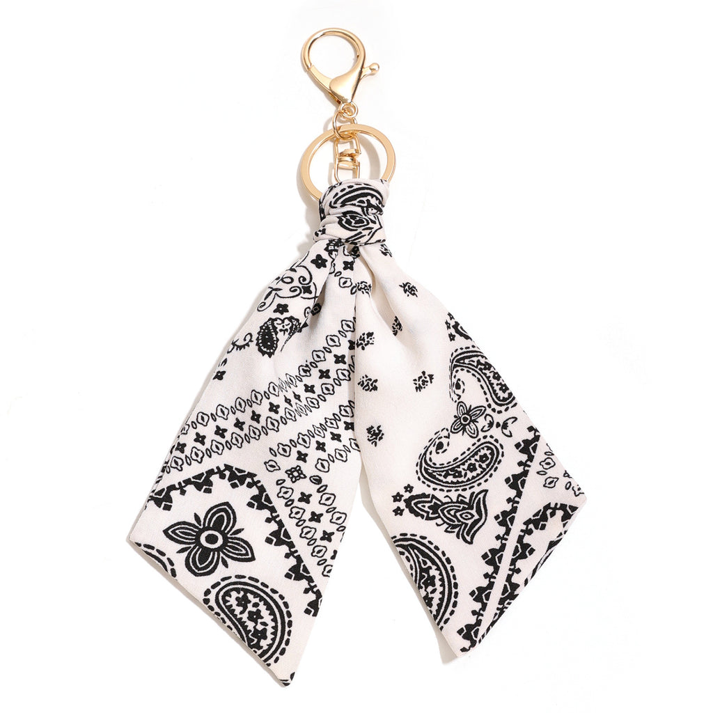 Knotted Paisley Bandana Bag Charm Keychain - White