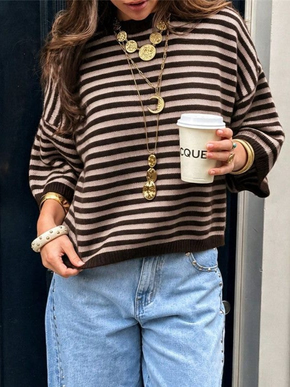 Striped Elbow Sleeve Oversized Knit Sweater - Coffee