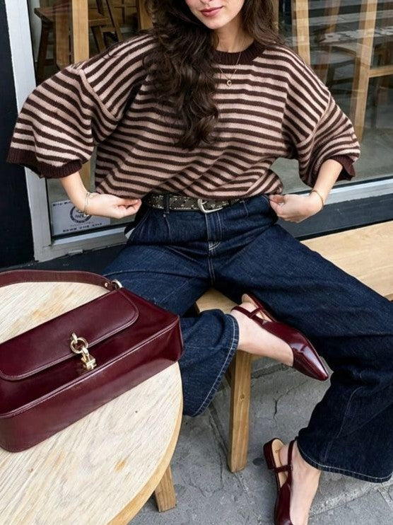 Striped Elbow Sleeve Oversized Knit Sweater - Coffee - 1
