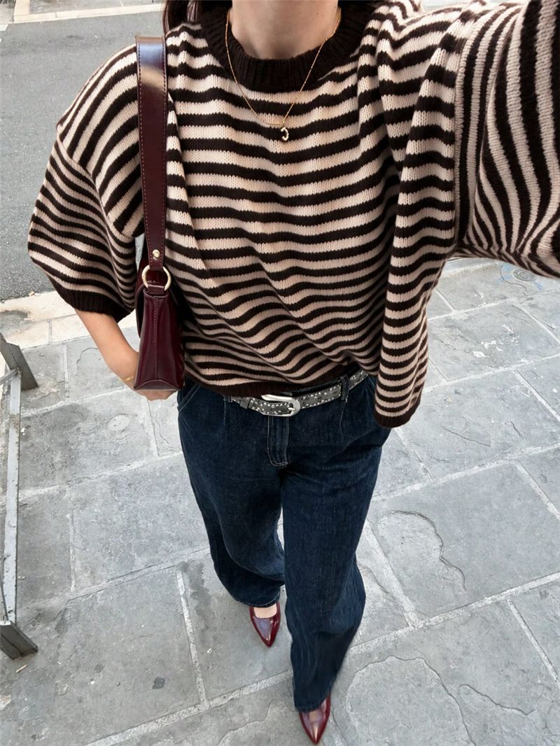 Striped Elbow Sleeve Oversized Knit Sweater - Coffee - 2