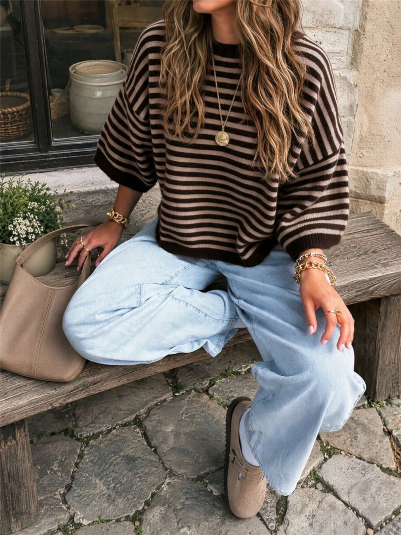Striped Elbow Sleeve Oversized Knit Sweater - Coffee - 3