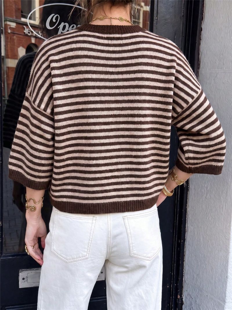 Striped Elbow Sleeve Oversized Knit Sweater - Coffee - 4