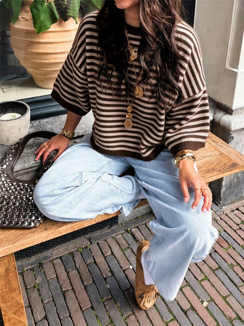 Striped Elbow Sleeve Oversized Knit Sweater - Coffee - 5