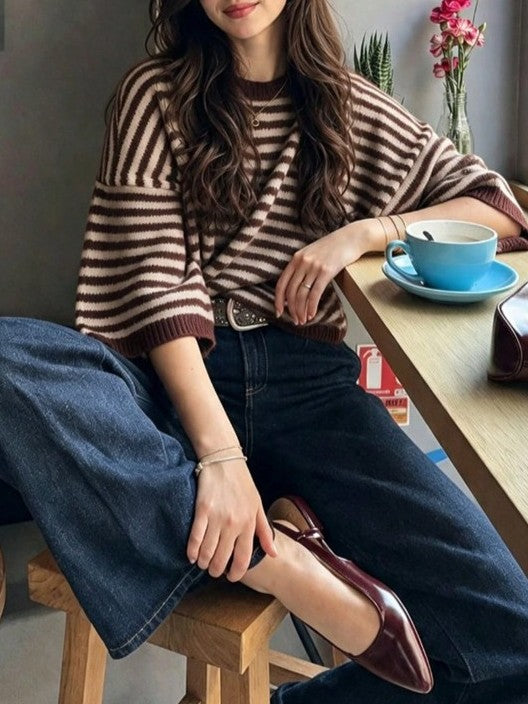 Striped Elbow Sleeve Oversized Knit Sweater - Coffee - 6