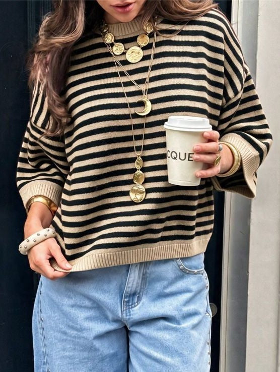 Striped Elbow Sleeve Oversized Knit Sweater - Khaki
