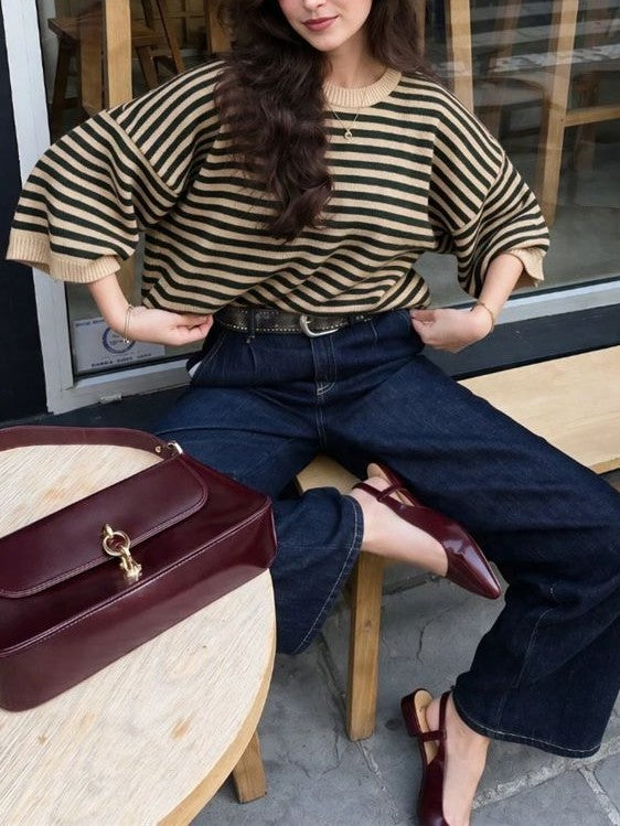 Striped Elbow Sleeve Oversized Knit Sweater - Khaki - 1