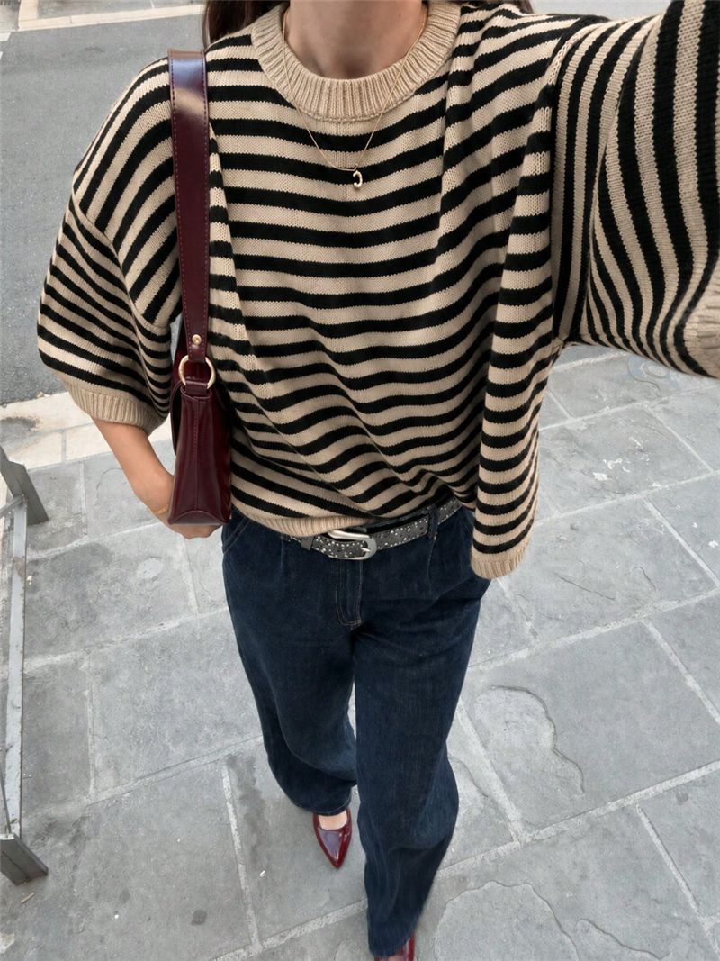 Striped Elbow Sleeve Oversized Knit Sweater - Khaki - 2