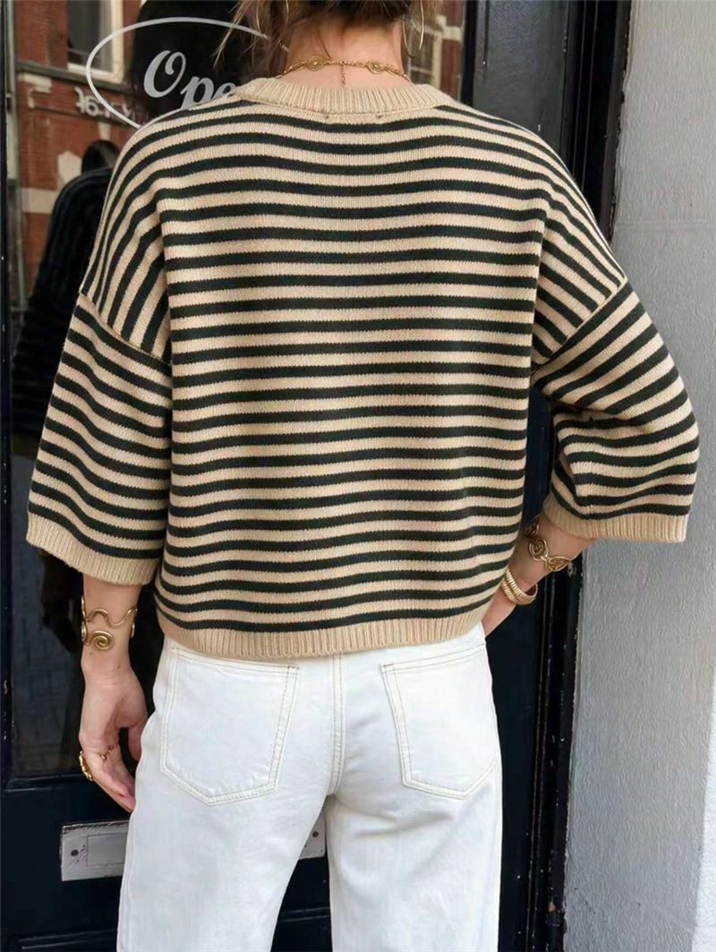 Striped Elbow Sleeve Oversized Knit Sweater - Khaki - 3