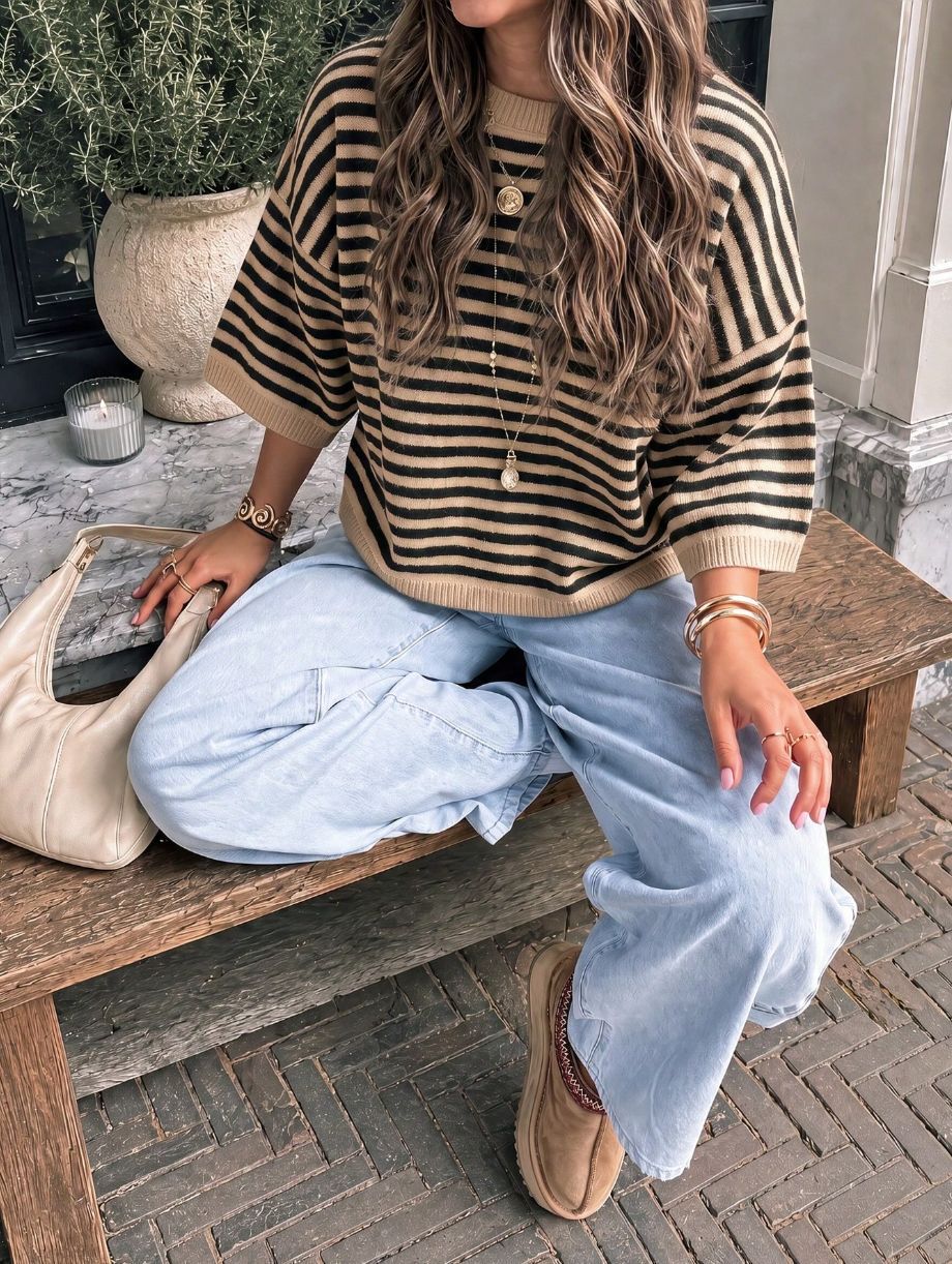 Striped Elbow Sleeve Oversized Knit Sweater - Khaki - 4