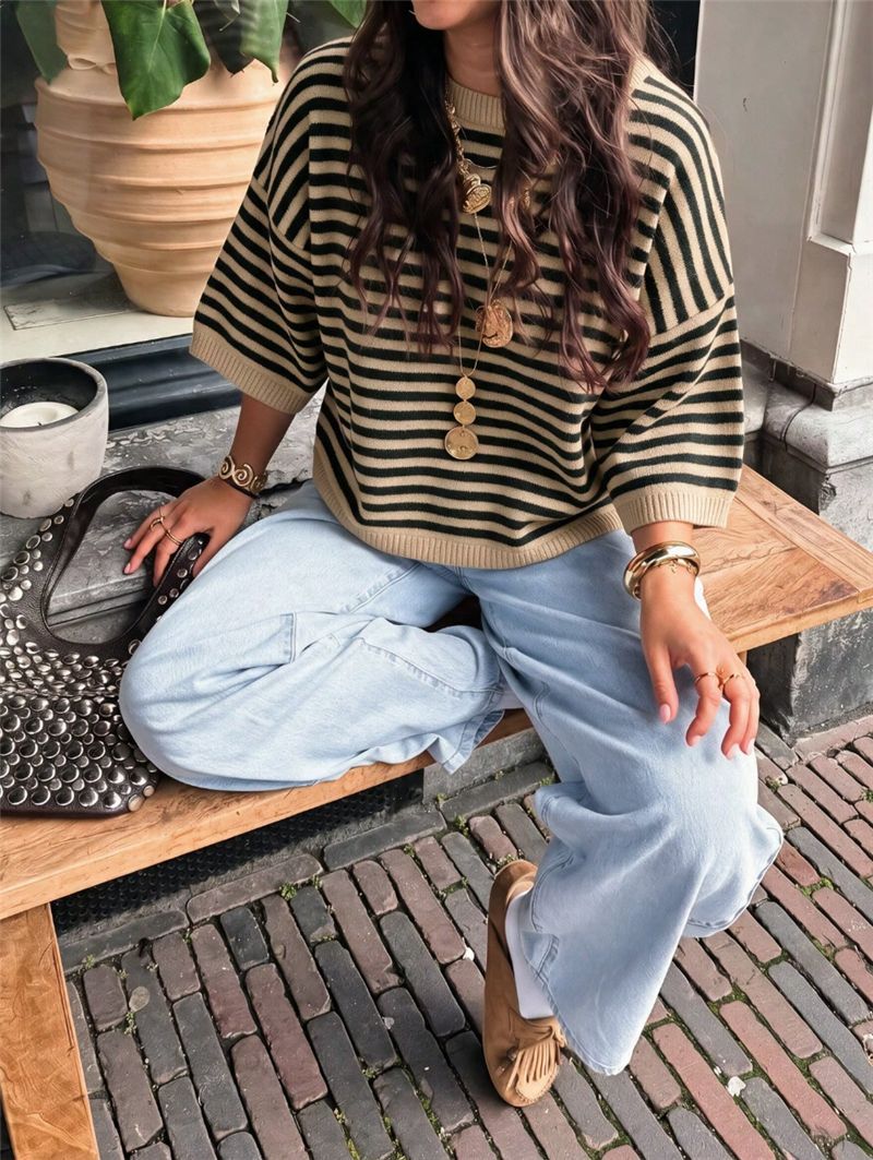 Striped Elbow Sleeve Oversized Knit Sweater - Khaki - 5