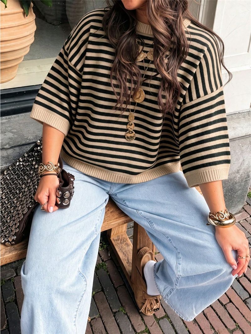 Striped Elbow Sleeve Oversized Knit Sweater - Khaki - 6