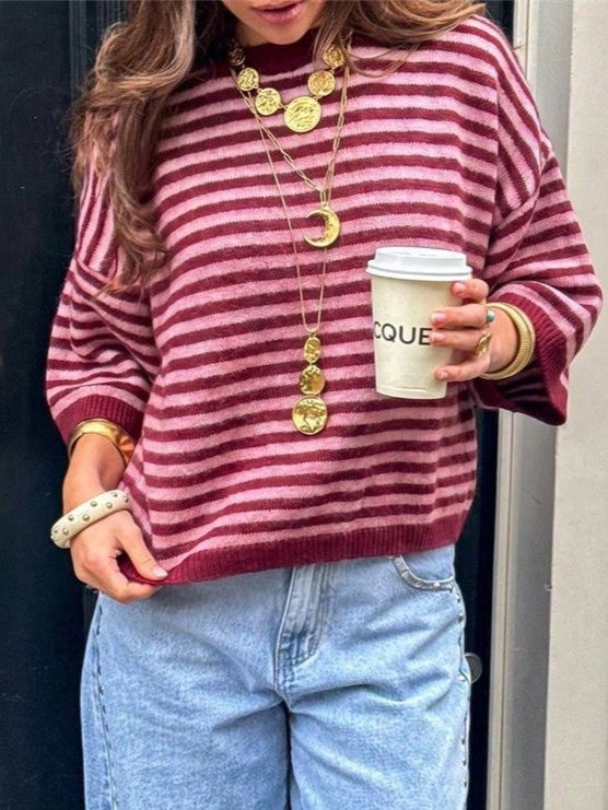 Striped Elbow Sleeve Oversized Knit Sweater - Red