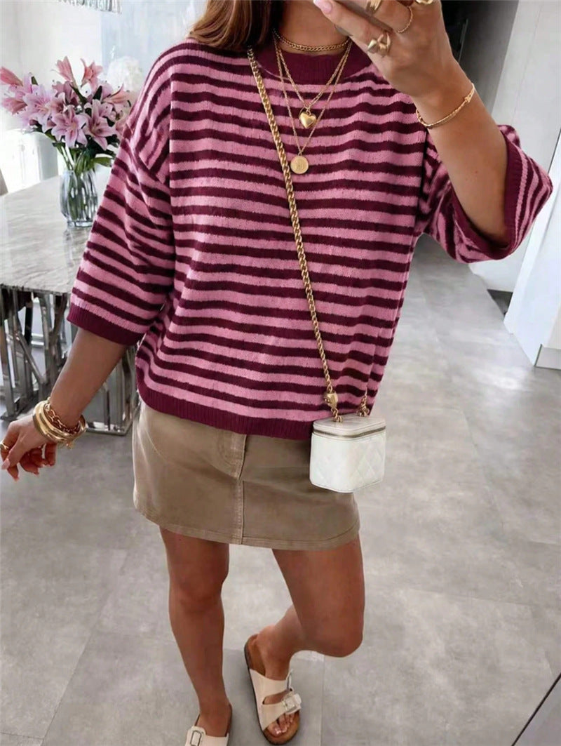 Striped Elbow Sleeve Oversized Knit Sweater - Red - 1