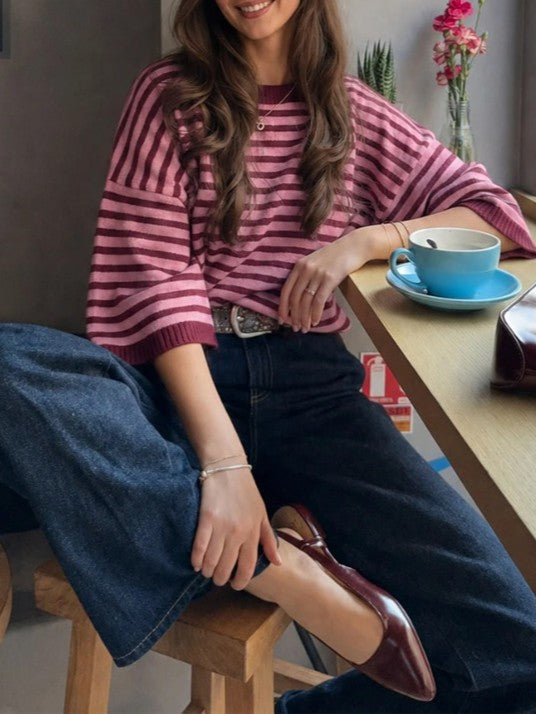 Striped Elbow Sleeve Oversized Knit Sweater - Red - 2