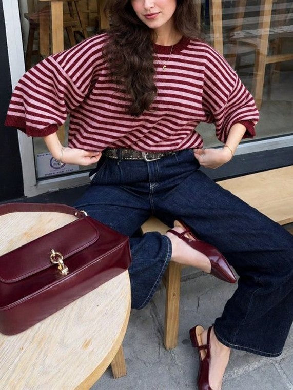 Striped Elbow Sleeve Oversized Knit Sweater - Red - 3