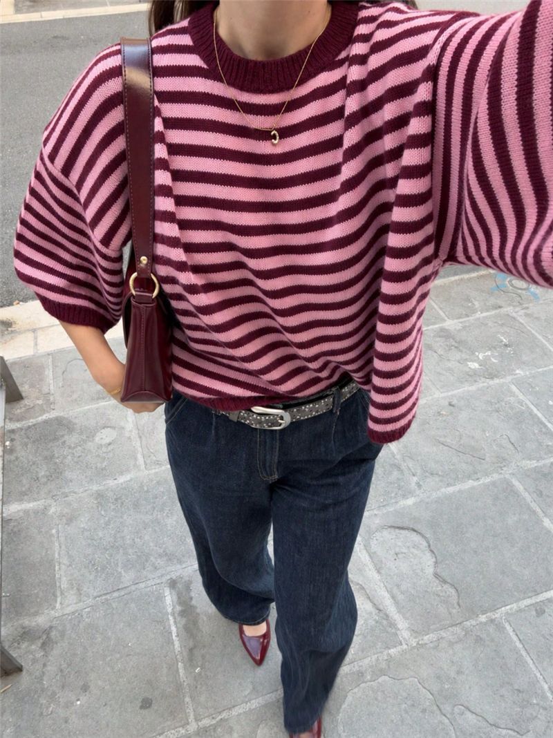 Striped Elbow Sleeve Oversized Knit Sweater - Red - 4