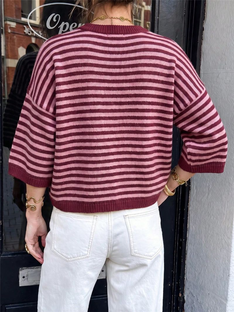 Striped Elbow Sleeve Oversized Knit Sweater - Red - 5