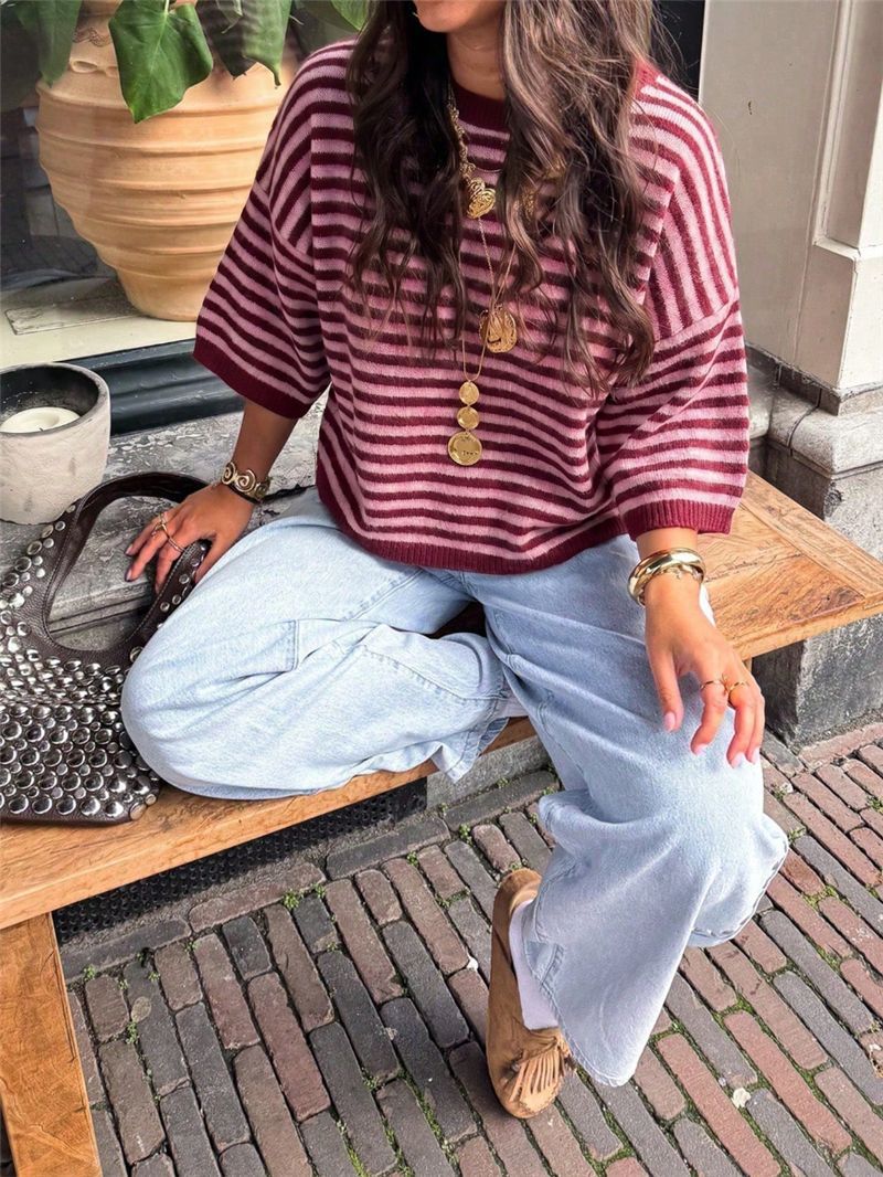 Striped Elbow Sleeve Oversized Knit Sweater - Red - 6