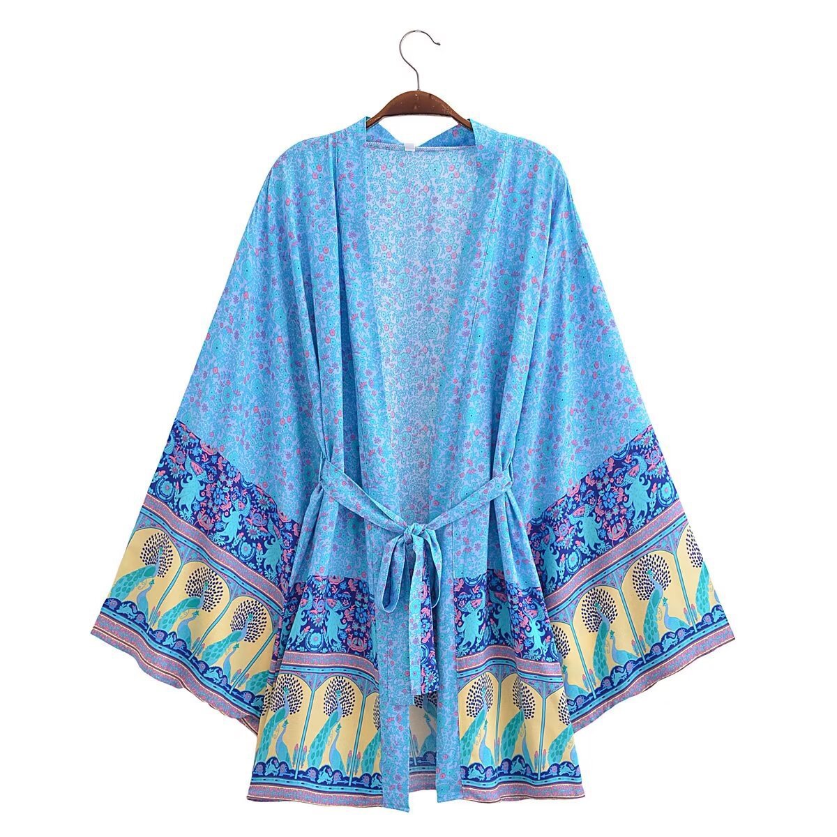 Boho Bell Sleeve Kimono With Tie Belt - Floral_19